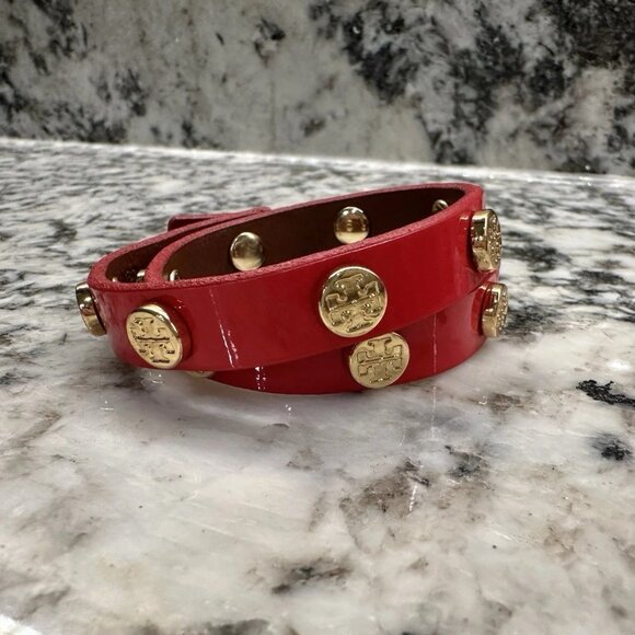 Tory Burch Red Double Wrap Leather Logo Stud Bracelet Gold Tone - Adjustable - Picture 1 of 5